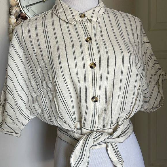 Zara Tops - Zara Striped Button Up Crop Shirt with Tie Waist